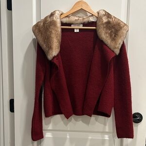 Ellen Tracy Red Cardigan with Faux Fur Collar